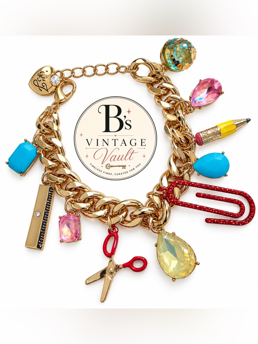NWT Betsey Johnson Gold Charm Bracelet with Multicolor Gems